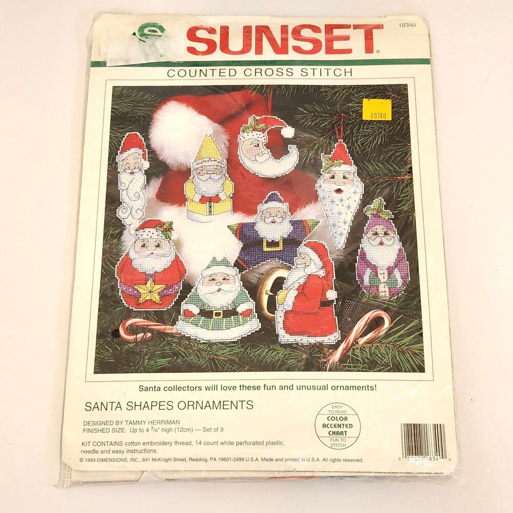 Vintage 1993 Sunset Counted Cross Stitch Santa Shapes Ornaments Set of 9